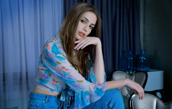 Long hair, model, brunette, gorgeous, photoshoot, posing, beautiful face, blue jeans