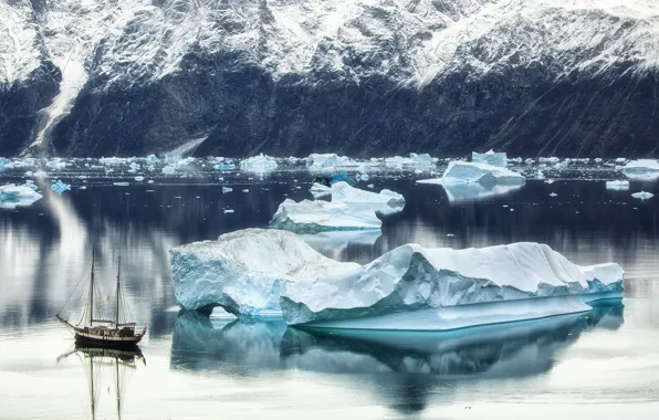 Boat, sailing, icebergs, Greenland