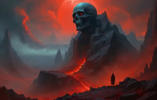 Скалы, череп, skull, путник, rocks, digital art, fantasy art, traveler