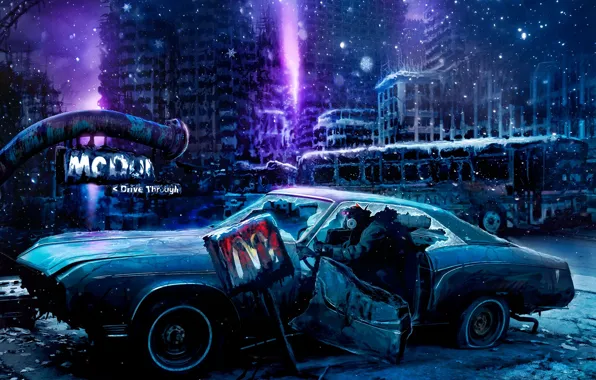 Машина, авто, город, человек, арт, руины, Romantically Apocalyptic, zee captain