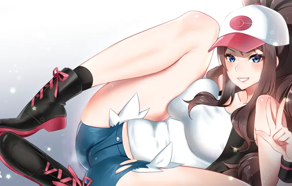 Girl, sexy, shorts, long hair, brown hair, boobs, anime, blue eyes