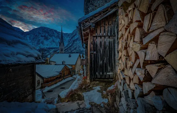 Картинка зима, снег, горы, озеро, рассвет, башня, утро, Австрия