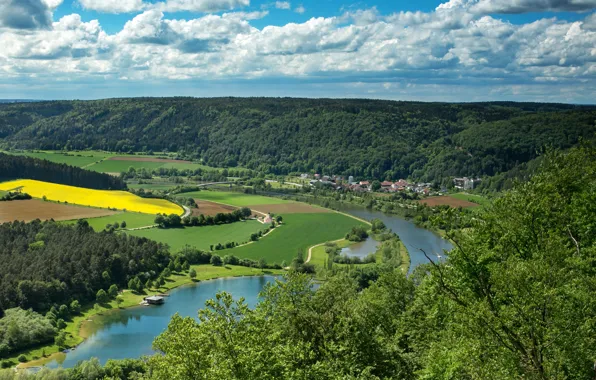Облака, река, поля, Германия, Бавария, панорама, леса, Riedenburg
