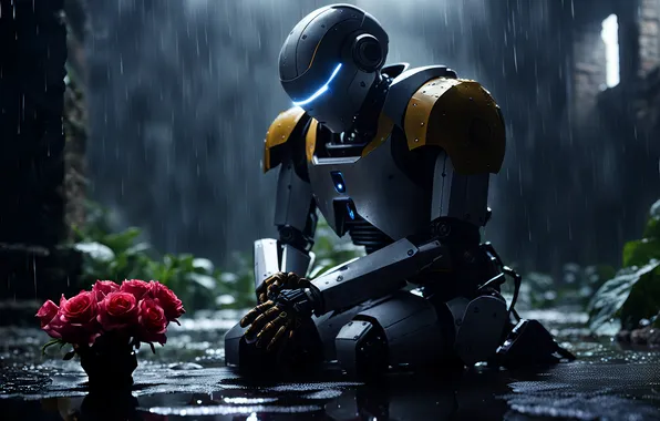 Dark, rose, robot, wet, rain, ruins, metall, mist