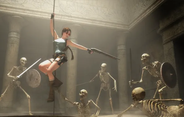 Картинка меч, веревка, скелет, Tomb Raider, sword, щит, art, Lara Croft