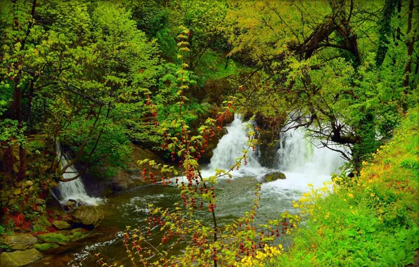 Природа, Весна, Водопад, Nature, Spring, Waterfall