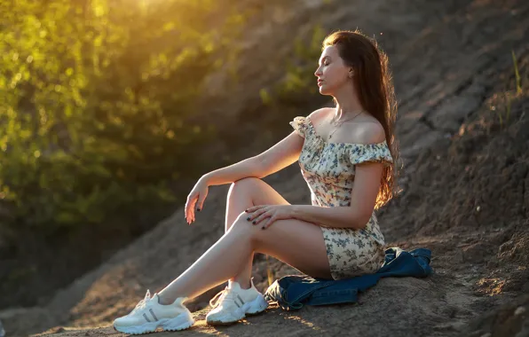 Картинка trees, nature, model, women, brunette, sitting, sneakers, closed eyes