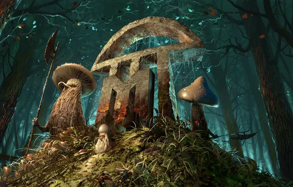 Картинка лес, оружие, грибы, холм, арт, стража