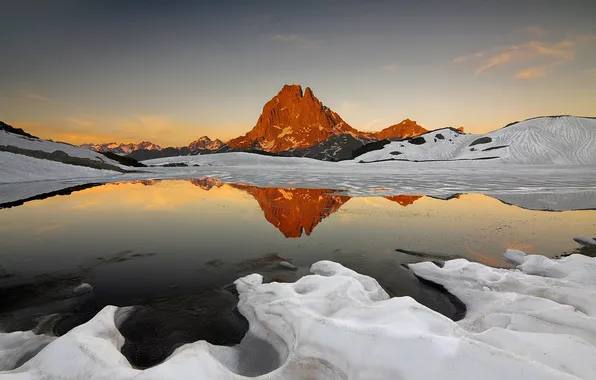 Небо, снег, закат, горы, озеро