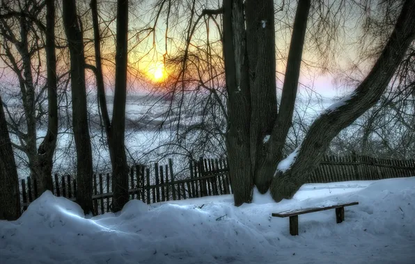 Картинка зима, деревья, закат, скамья