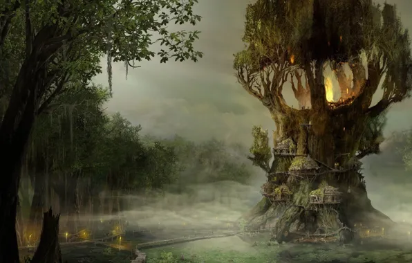 Картинка лес, деревья, дом, арт, хижины, зеленый фон, красивые обои, эльфийский лес