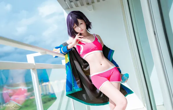 Asian, short hair, model, women, cosplay, petite, belly button, pale