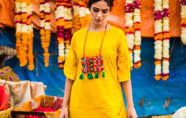 Girl, flowers, model, beauty, pose, photoshoot, yellow dress