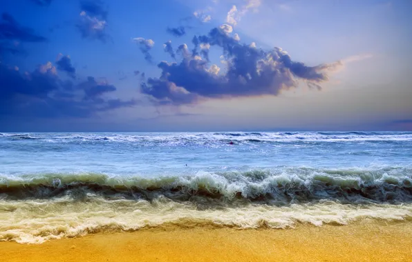 Картинка песок, море, волны, небо, тучи, шторм, берег