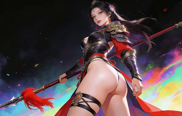 Girl, brunette, asian, spear, ai art, booty