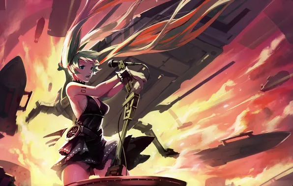 Девушка, взрыв, платье, микрофон, vocaloid, anime, art, miku