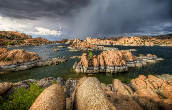 Гроза, тучи, озеро, камни, молния, США, Arizona, Prescott
