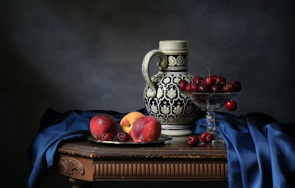 Кувшин, фрукты, персики, черешня