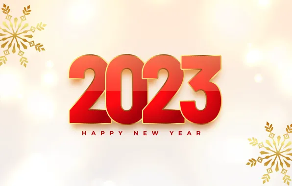 Снежинки, цифры, красные, Новый год, светлый фон, дата, боке, 2023
