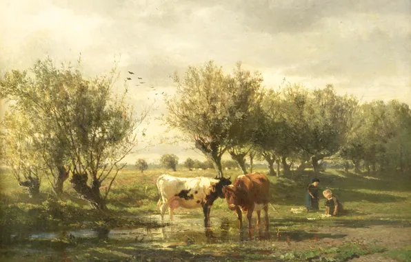 Пейзаж, масло, картина, 1865, Albert Gerard Bilders, Альбертус Джерардус Билдерс, Коровы в луже