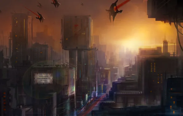 Картинка закат, город, будущее, транспорт, корабли, арт, cloudminedesign