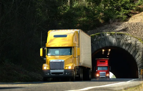 Дорога, желтый, красный, грузовик, тунель, truck, тягач, Freightliner