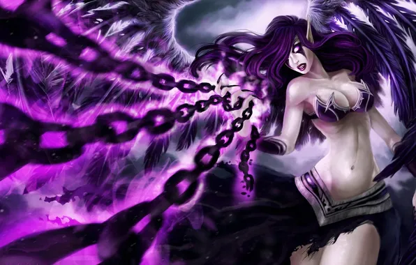 Девушка, крылья, цепи, League of Legends, Morgana