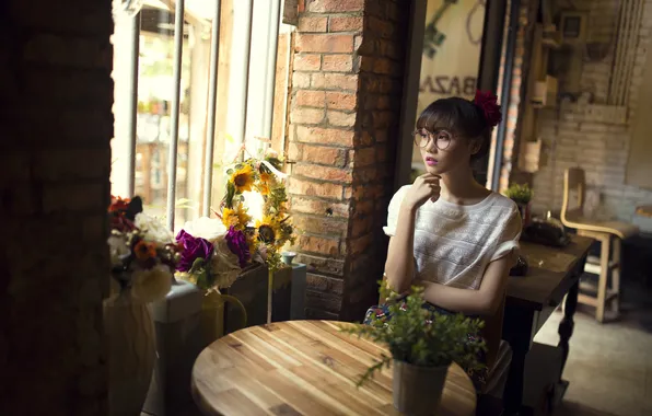 Картинка взгляд, цветы, окно, очки, столик, восточная девушка
