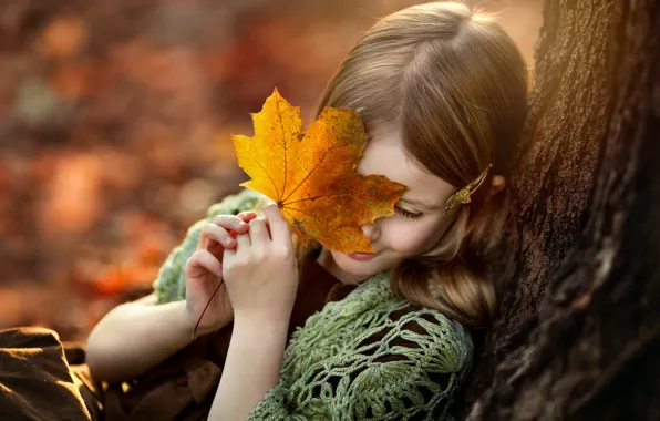 Осень, лист, дерево, девочка