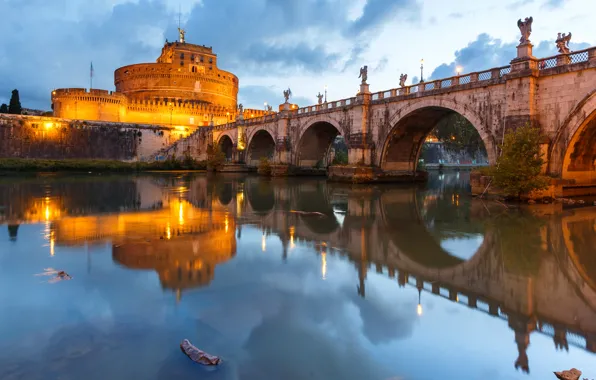 Мост, огни, река, Рим, Италия, Тибр, замок Святого Ангела