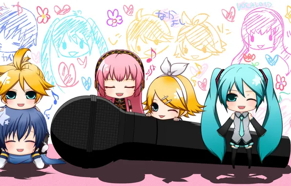 Аниме, арт, микрофон, Vocaloid, Вокалоид, персонажи