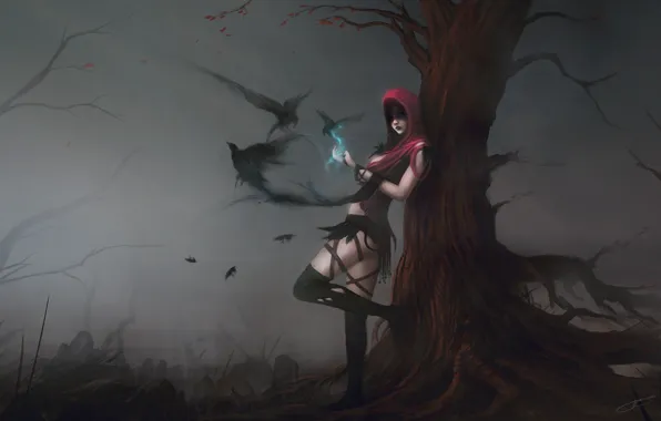 Картинка девушка, птицы, туман, дерево, магия, арт, капюшон, вороны