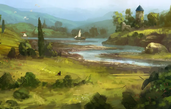 Картинка зелень, кошка, трава, река, арт, нарисованный пейзаж