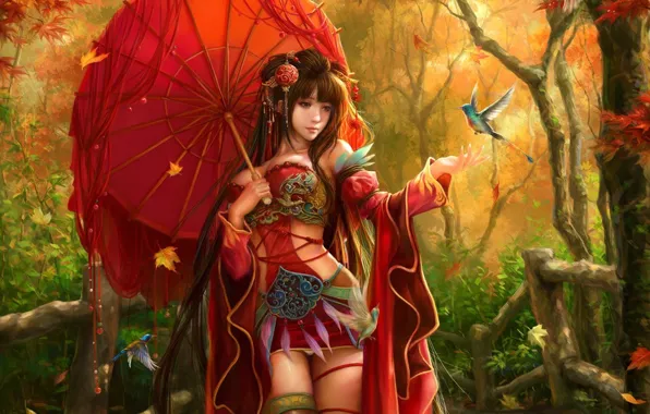 Картинка осень, листья, девушка, украшения, птицы, зонтик, зонт, перья