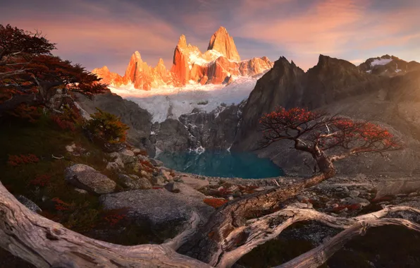 Картинка горы, озеро, скалы, Патагония, деревья.осень