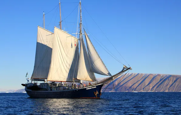 Океан, побережье, корабль, парусник, Greenland, Гринландия