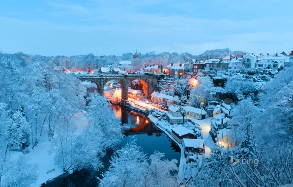 Картинка зима, снег, пейзаж, мост, огни, река, Англия, дома