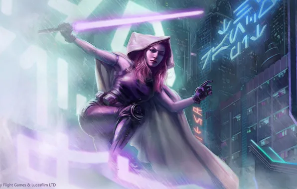 City, Star Wars, girl, rain, red hair, purple, Mara Jade, lighsaber