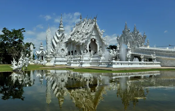 Картинка белый, вода, отражение, Таиланд, храм, архитектура