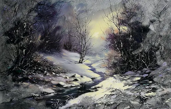 Картинка зима, лес, пейзаж, ночь, река, ручей, луна, рождество