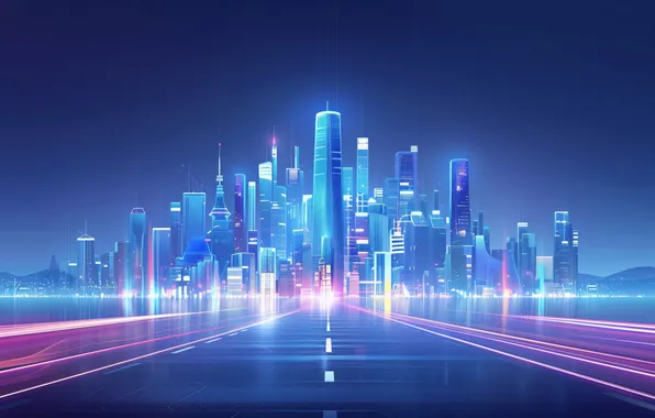 Картинка city, skyline, blue, illustration, AI art, light streaks, VirTual