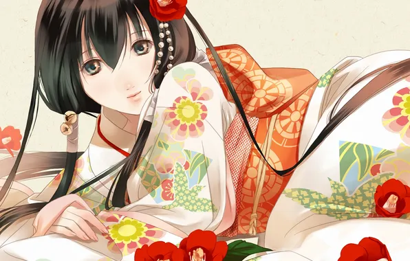 Девушка, цветы, арт, кимоно, колокольчики, заколка, лежа, fuuchouin kazuki
