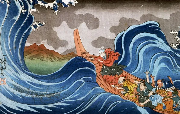 Картинка лодка, волна, гора, картина, иероглифы, живопись, азиаты