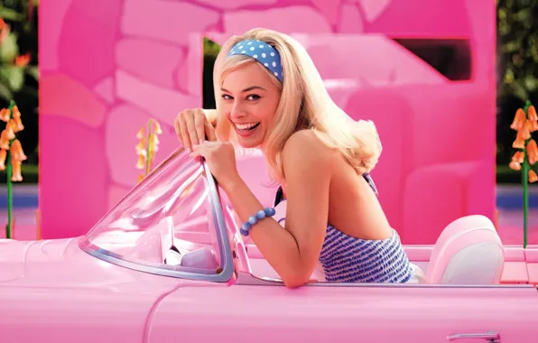 Улыбка, фильм, блондинка, автомобиль, Barbie, Margot Robbie, Марго Робби, Барби
