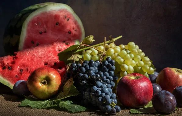 Картинка ягоды, яблоки, арбуз, виноград, фрукты, натюрморт, сливы
