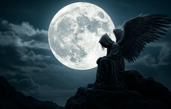 Ночь, обои, луна, крылья, ангел, арт, wallpaper, moon