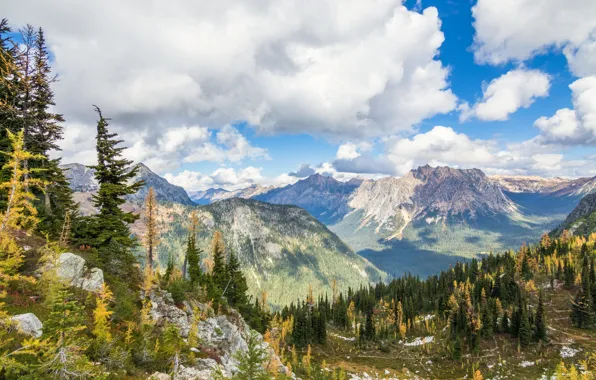 Картинка небо, облака, деревья, пейзаж, горы, природа, красота