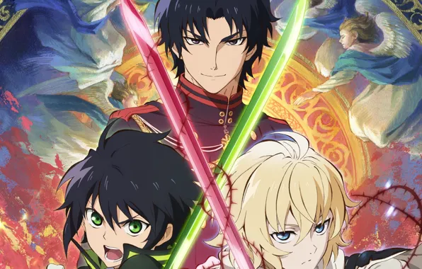 Трио, персонажи, Owari no Seraph, Последний серафим, Юичиро Хакуя, Микаэла Хакуя, Гурен
