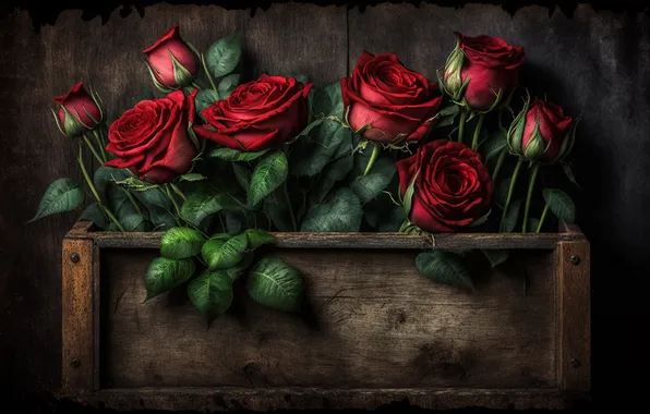 Картинка цветы, романтика, ящик, wood, flowers, romantic, with love, red roses