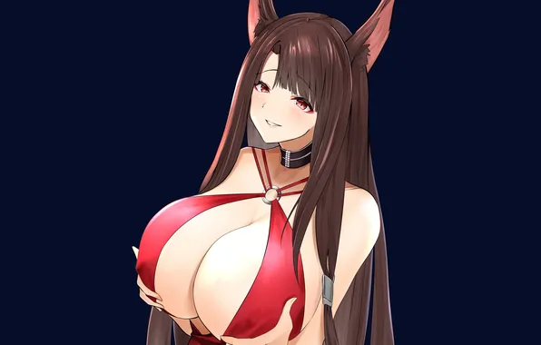 Girl, sexy, cleavage, long hair, dress, brown hair, boobs, animal ears